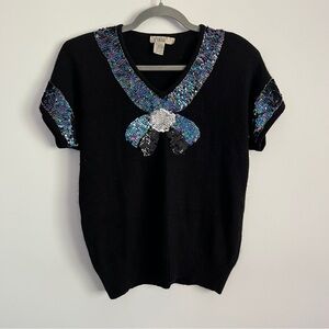 Vintage 80s Black Angora Silk Sequin Trompe L’oeil Short Sleeve Sweater Size L